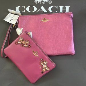 NWT Coach Metallic Purple Jewel Crystal Bows VIP Pouch Wristlet Clutch Set of 2